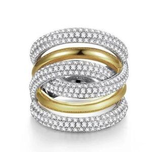 Two Tone Wide Multi Pave Overlap Chucky Gold Plated Stackable cocktail ring